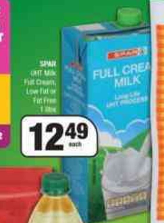 SPAR UHT Milk Full Cream, Low Fat or Fat free 1 Litre offer at Spar