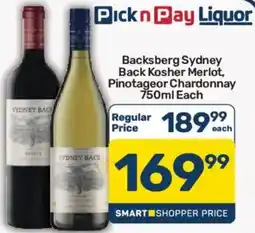 Pick n Pay Backsberg Sydney Back Kosher Merlot, Pinotageor Chardonnay offer