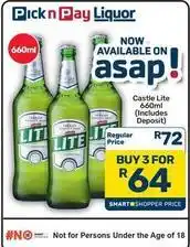 Pick n Pay Hypermarket Castle - castle lite 660ml offer