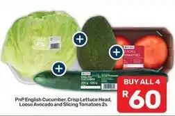 Pick n Pay English cucumber, crisp lettuce head, loose avocado and slicing tomatoes 2s offer