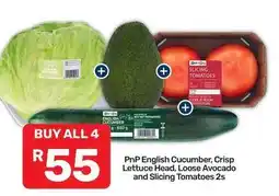 Pick n Pay English cucumber, crisp lettuce head, loose avocado and slicing tomatoes 2s offer
