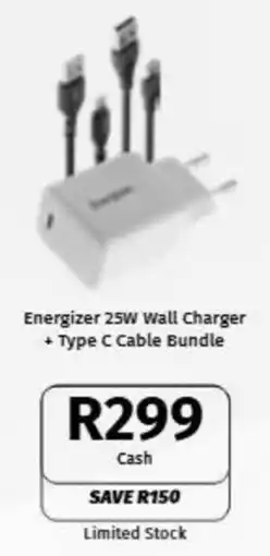 Vodacom Energizer 25W Wall Charger + Type C Cable Bundle offer