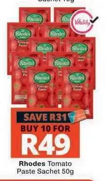 Checkers RHODES Tomato Paste Sachet 50g offer