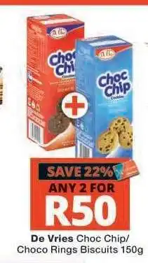 Checkers De Vries Choc Chip/Choco Rings Biscuits 150g offer