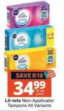 Checkers Lil-lets Non-Applicator Tampons All Variants offer