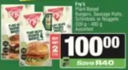 SuperSpar Fry's Plant Based Burgers, Sausage Rolls, Schnitzels or Nuggets Assorted offer