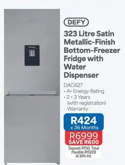 OK Furniture Defy - 323 litre satin metallic-finish bottom-freezer fridge with water dispenser dac627 offer