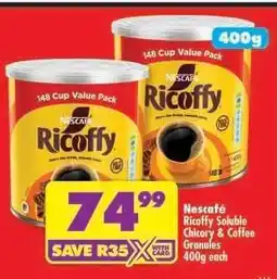 Shoprite NESCAFÉ RICOFFY SOLUBLE CHICORY & COFFEE GRANULES 400g each offer