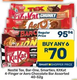 Pick n Pay Hypermarket Nestlé Tex, Bar-One, Smarties, KitKat 4-Finger or Aero Chocolate Bar Assorted 40-52g offer
