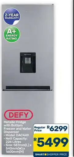 Pick n Pay Hypermarket DEFY Metallic Fridge with Bottom Freezer and Water Dispenser offer