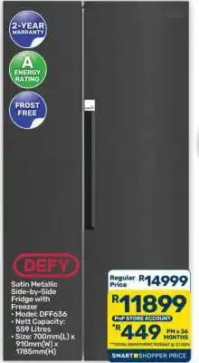 Pick n Pay Hypermarket DEFY Satin Metallic Side-by-Side Fridge with Freezer offer