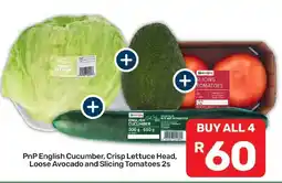 Pick n Pay Liquor PnP English Cucumber, Crisp Lettuce Head, Loose Avocado and Slicing Tomatoes 2s offer