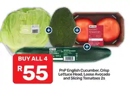 Pick n Pay Liquor PnP English Cucumber, Crisp Lettuce Head, Loose Avocado and Slicing Tomatoes 2s offer