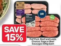 Pick n Pay Liquor PnP Pork, Beef and Lamb, Chorizo, Sage or Beef Sausages offer