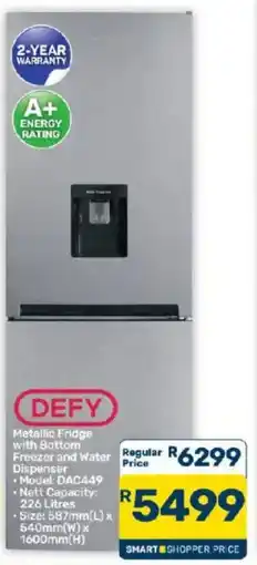Pick n Pay DEFY Metallic Fridge with Bottom Freezer and Water Dispenser offer