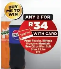 OK Foods Pepsi Regular, Mirinda Orange or Mountain Dew Citrus Blast Soft Drink 2 Litre PET offer