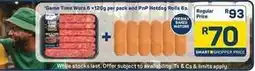 Pick n Pay Game time wors 6 x 120g per pack and pnp hotdog rolls 6s offer