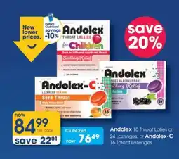 Clicks Andolex 10 Throat Lollies or 24 Lozenges, or Andolex-C 16 Throat Lozenges offer