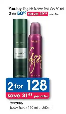 Clicks Yardley Body Spray 150 ml or 250 ml offer