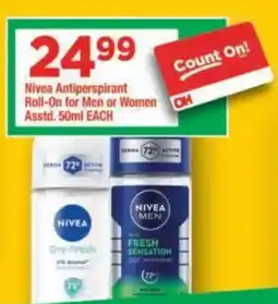 OK Grocer Nivea Antiperspirant Roll-On for Men or Women offer