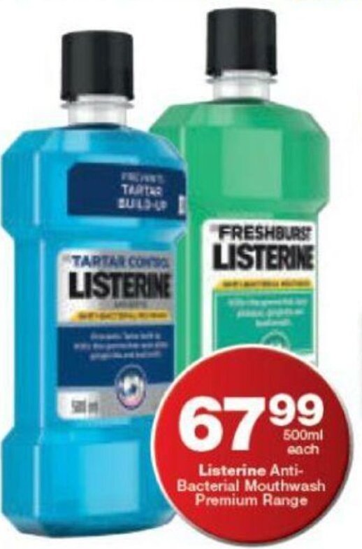 Listerine AntiBacterial Mouthwash Premium Range 500ml offer at Checkers