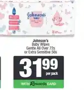 Spar Johnson's Baby Wipes Gentle All Over 72s or Extra Sensitive 56s offer
