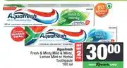 Spar Aquafresh Fresh & Minty, Mild & Minty, Lemon Mint or Herbal Toothpaste 100 ml - Buy 2 for offer