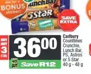 Spar Cadbury Countlines Crunchie, Lunch Bar, PS, Astros or 5 Star 40 g - 48 g - Buy 3 for offer