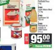 Spar SPAR Long Grain Parboiled Rice 2 kg + Super Maize Meal 2.5 kg + Sunflower Oil 750 ml + Pilchards offer