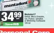 Spar Mentadent P Herbal, Micro Granules, Gel, Protect, Sensitive or Whitening Toothpaste 100 ml offer