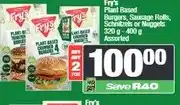 Spar Fry's Plant Based Burgers, Sausage Rolls, Schnitzels or Nuggets 320 g - 400 g Assorted - Buy 2 for offer