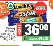 Spar Cadbury Crunchie, Lunch Bar, PS, Astros or 5 Star 40 g - 48 g (Buy any 3) offer