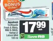 Spar Aquafresh Toothpaste Fresh & Minty, Mild & Minty, Herbal or Lemon Mint 100 ml offer