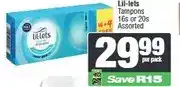 Spar Lil-lets Tampons 16s or 20s Assorted offer