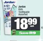Spar Jordan Kids Toothpaste Assorted offer