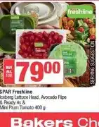 Spar SPAR Freshline Iceberg Lettuce Head, Avocado Ripe & Ready 4s & Mini Plum Tomato 400 g offer