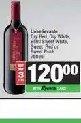 Spar Unbelievable Dry Red, Dry White, Semi Sweet White, Sweet Red or Sweet Rosé 750 ml offer