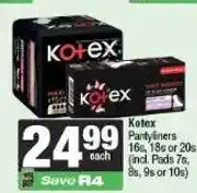 Spar Kotex Pantyliners 16s, 18s or 20s (incl. Pads 7s, 8s, 9s or 10s) offer