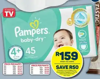 Pick n Pay Pampers Active Baby-Dry Disposable Nappies or Pants Value Pack per pack offer