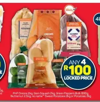 Pick n Pay Onions 2kg, Gem Squash 2kg, Green peppers Bulk 800g, Butternut 2.5kg, No Name™ Sweet Potatoes 2kg or Potatoes 2kg offer