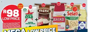 Pick n Pay White Star Super Maize Meal 2.5kg, Tastic Long Grain Parboiled Rice 2kg , Sasko Cake Wheat Flour 2.5kg, Selati Golden Brown S offer