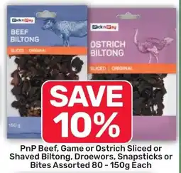 Pick n Pay Hypermarket PnP Beef, Game or Ostrich Sliced or Shaved Biltong, Droewors, Snapsticks or Bites Assorted offer
