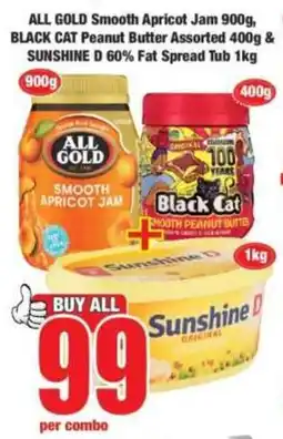 Boxer ALL GOLD Smooth Apricot Jam & BLACK CAT Peanut Butter Assorted & SUNSHINE D 60% Fat Spread offer