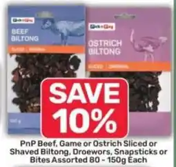 Pick n Pay PnP Beef, Game or Ostrich Sliced or Shaved Biltong, Droewors, Snapsticks or Bites Assorted offer