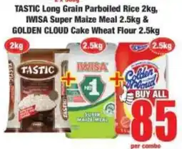 Boxer TASTIC Long Grain Parboiled Rice, IWISA Super Maize Meal, GOLDEN CLOUD Cake Wheat Flour offer
