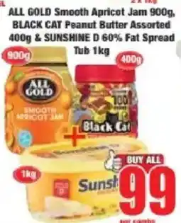 Boxer ALL GOLD Smooth Apricot Jam & BLACK CAT Peanut Butter Assorted & SUNSHINE D 60% Fat Spread offer