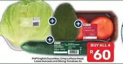 Pick n Pay Pnp english cucumber, crisp lettuce head, loose avocado and slicing tomatoes 2s offer