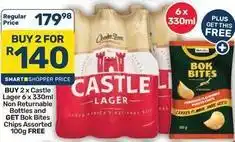 Pick n Pay Hypermarket Castle - castle lager 6 x 330ml non returnable bottles and bok bites chips assorted 100g offer