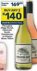 Pick n Pay Hypermarket Porcupine ridge - merlot, cabernet, syrah, chardonnay or chenin blanc 750ml offer