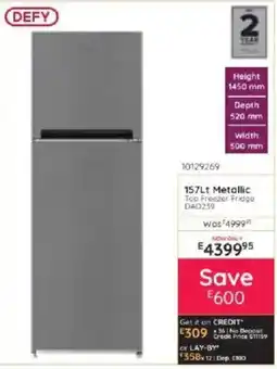 Bradlows DEFY 157Lt Metallic Top Freezer Fridge offer